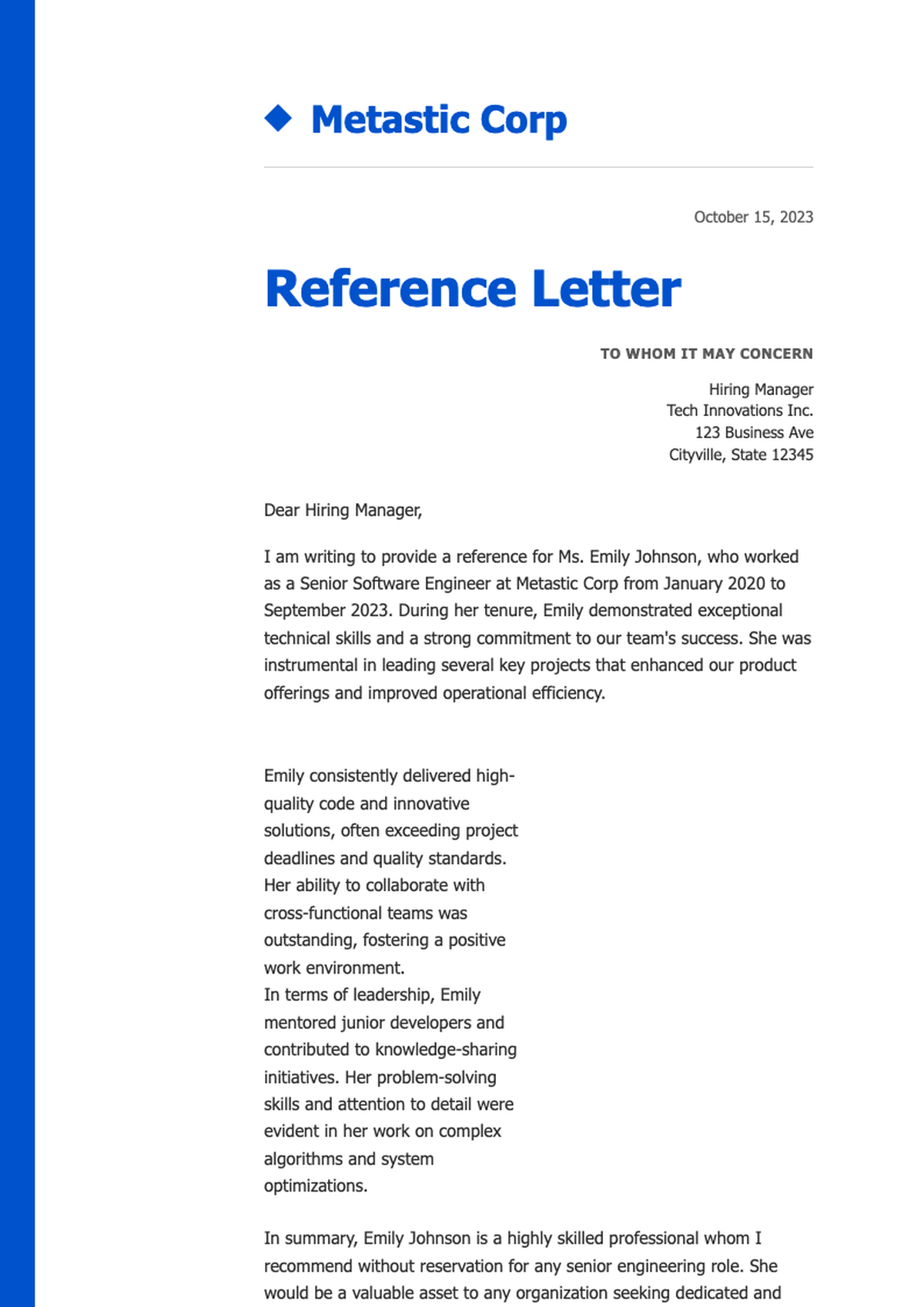 Professional letter of recommendation for system engineer with blue accents and corporate branding_variant_3